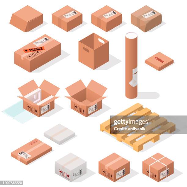 isometric cardboard boxes - styrofoam container stock illustrations