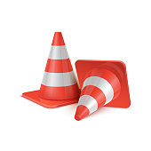 Realistic vector set of plastic road cones in various positions.