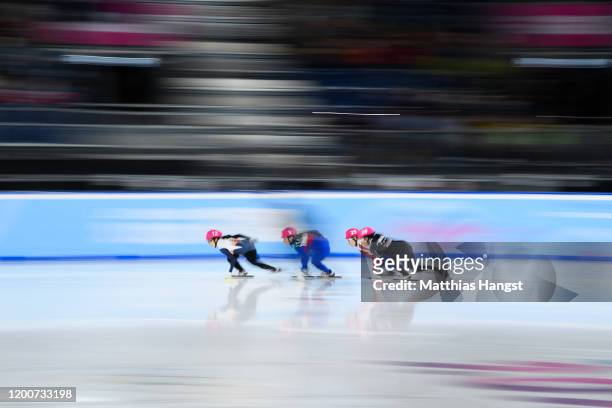 Kim Chanseo of South Korea, Petra Rusnakova of Slovakia, Elisa Confortola of Italy and Hailey Choi of the United States compete in their Women's 500m...