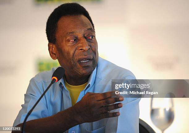 Pele speaks to the media during his official presentation as honorary ambassador for the 2014 FIFA World Cup at the Modern Art Museum of Rio de...