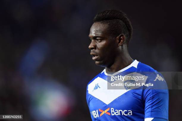 Mario Balotelli of Brescia looks on during the Serie A match between Brescia Calcio and US Lecce at Stadio Mario Rigamonti on December 14, 2019 in...