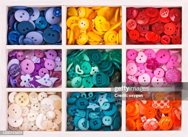 buttons on box with sewing set collection colorful arranged in a white wooden box - button sewing item 個照片及圖片檔