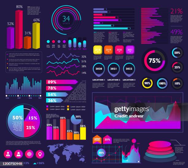 set von infografikelementen: balkendiagramme, statistiken, kreisdiagramme, symbole, präsentationsgrafiken - infografik stock-grafiken, -clipart, -cartoons und -symbole