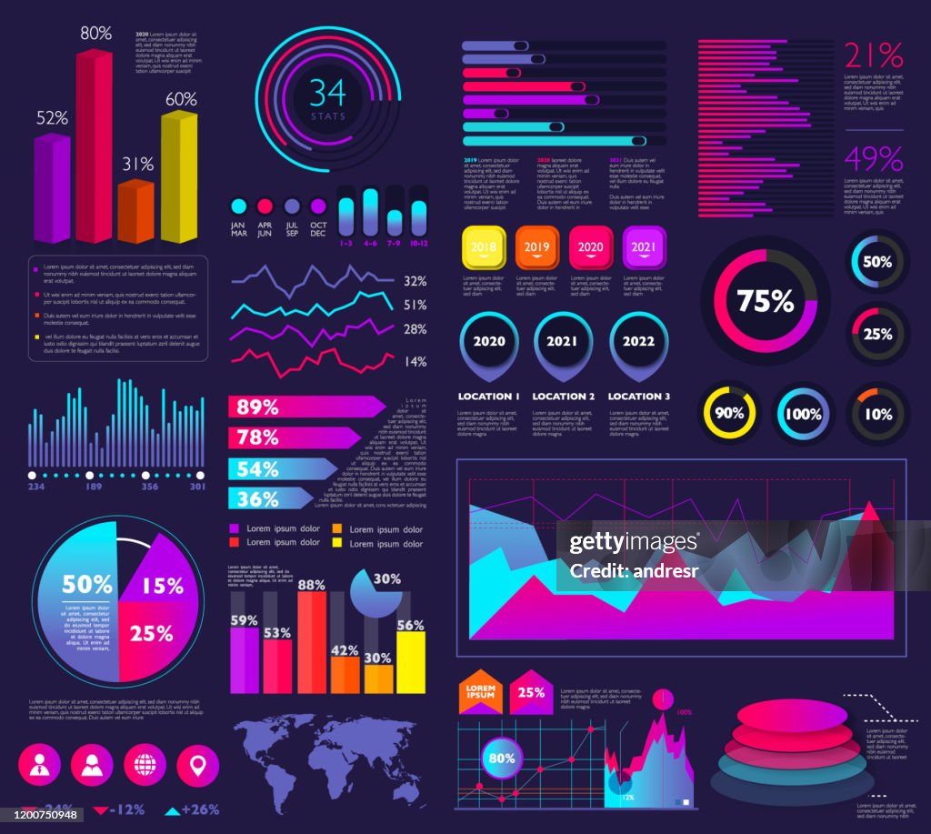Set of infographic elements: bar graphs, statistics, pie charts, icons, presentation graphics