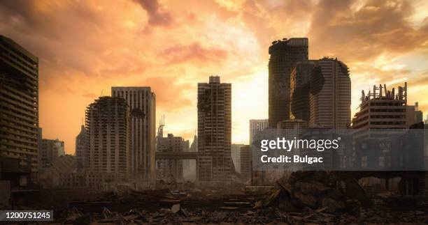 post apocalyptic urban landscape (dusk) - destruction stock pictures, royalty-free photos & images