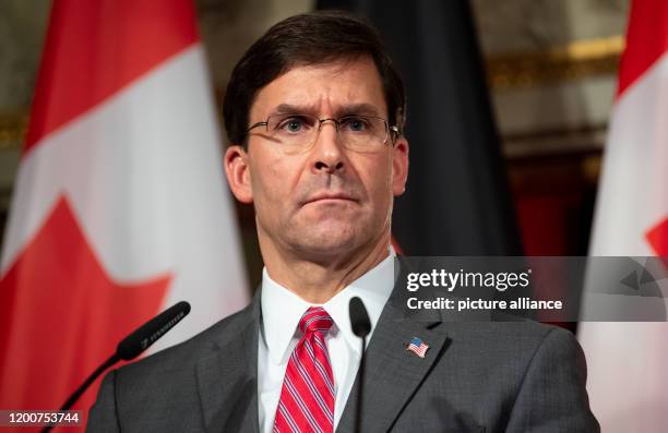 February 2020, Bavaria, Munich: Mark Esper, US Secretary of Defense, and his German counterpart will attend a press conference on the first day of...