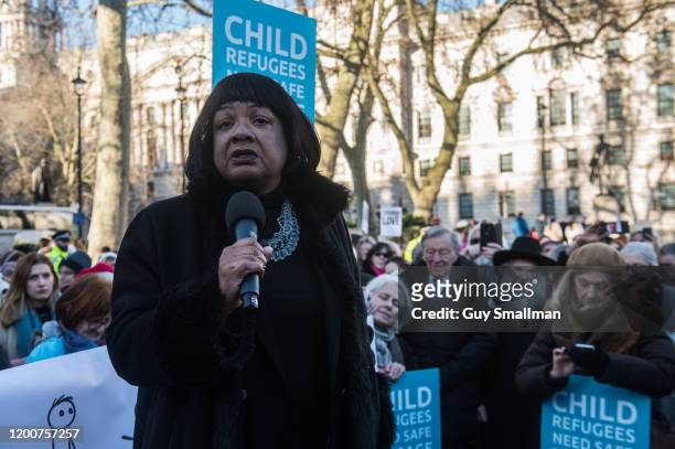Shadow Home Secretary Diane Abbott addresses the protest at Parliament Square on January 20, 2020 in London, England. The SAFE PASSAGE charity...