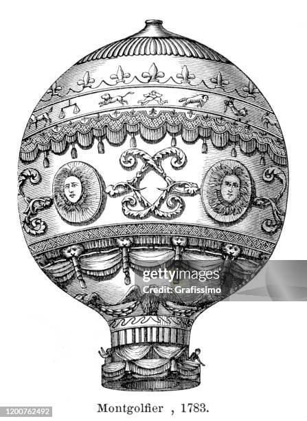 hot air balloon of the montgolfier brothers 1783 paris - history stock illustrations