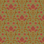 Seamless vector pattern with red lilies on green background. Renaissance floral vintage wallpaper design.