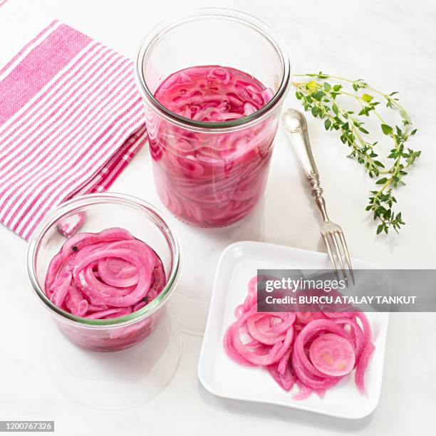 pickled red onions - spanish onion fotografías e imágenes de stock