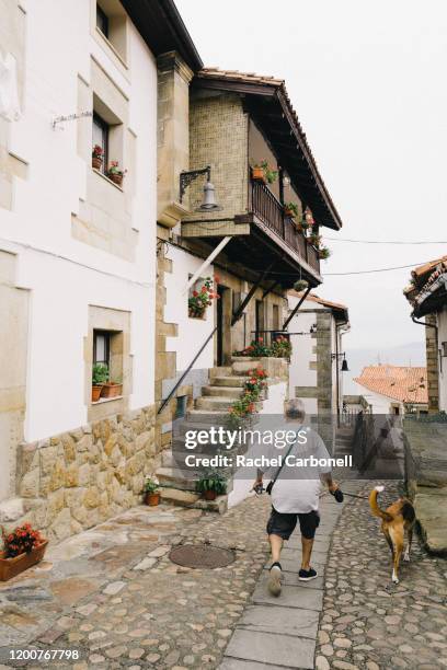 man with dog walking on cobbled alleyway surrounded by traditional stone houses. - lastres village in asturias - fotografias e filmes do acervo
