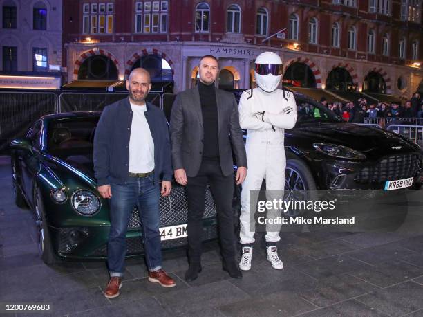 Paddy McGuinness, The Stig and Chris Harris attends the "Top Gear" World TV Premiere at Odeon Luxe Leicester Square on January 20, 2020 in London,...