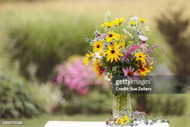 bouquet of wild flowers in vase in a garden - blumenstrauß stock-fotos und bilder