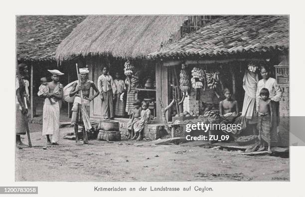 small grocery store in ceylon (sri lanka), raster print, 1897 - sinhalese people stock illustrations