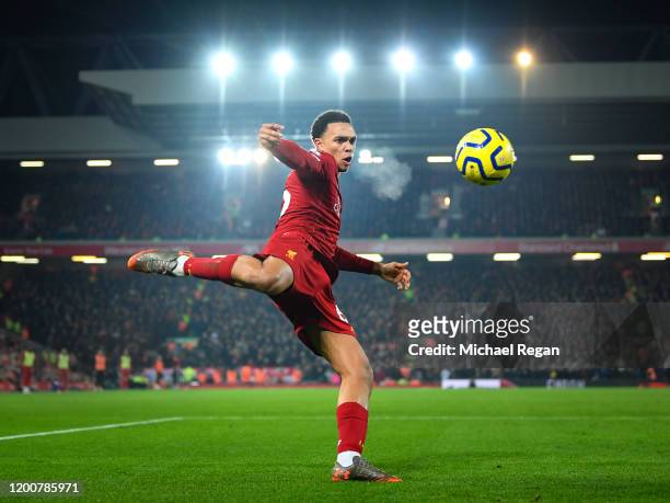 Trent Alexander-Arnold of Liverpool in action during the Premier League match between Liverpool FC and Manchester United at Anfield on January 19,...