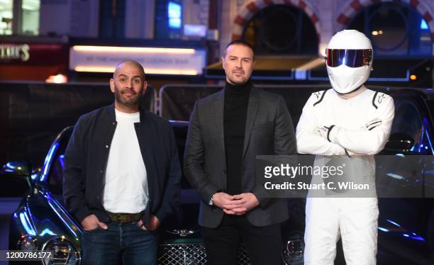 Paddy McGuinness, The Stig and Chris Harris attend the "Top Gear" World TV Premiere at Odeon Luxe Leicester Square on January 20, 2020 in London,...