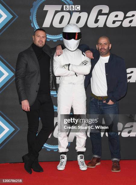 Paddy McGuinness, The Stig and Chris Harris attend the "Top Gear" World TV Premiere at Odeon Luxe Leicester Square on January 20, 2020 in London,...