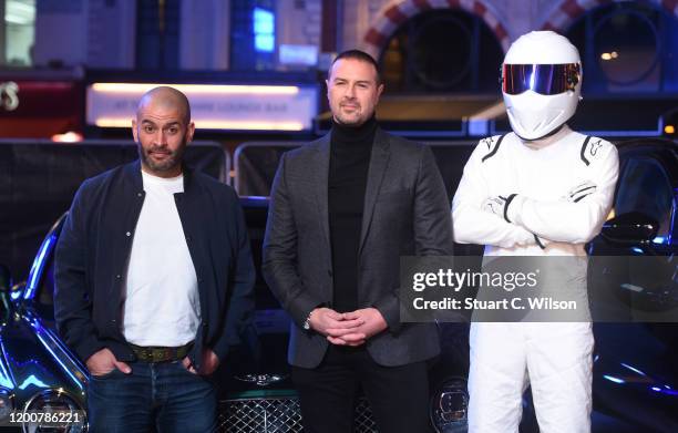 Paddy McGuinness, The Stig and Chris Harris attend the "Top Gear" World TV Premiere at Odeon Luxe Leicester Square on January 20, 2020 in London,...