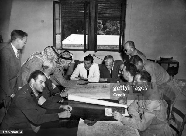 Picture released 06 July 1948 shows Arab and Jewish delegates meeting with the cease-fire Committee to determine their sectors in Jerusalem. On...