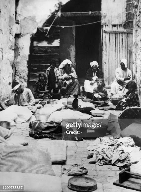 Picture taken 08 June 1936 shows the courtyard of the house of a Palestinian family after it was searched by British troops in Jerusalem. The...