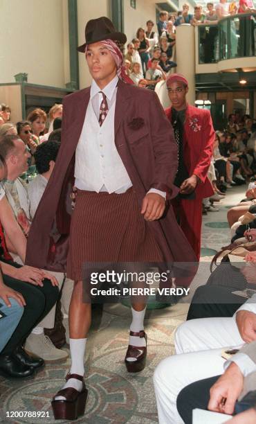 Model presents the collection by French designer Jean-Paul Gaultier, 02 July 1994, in Paris, during the 95 Autumn/Winter men's ready-to-wear show....