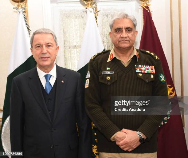 Turkish National Defense Minister Hulusi Akar meets with Pakistani Chief of Army Staff Qamar Javed Bajwa in Islamabad, Pakistan on February 14, 2020.