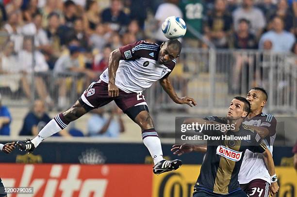 Marvell Wynne of the Colorado Rapids heads the ball during the game against the Philadelphia Union at PPL Park on July 29, 2011 in Chester,...