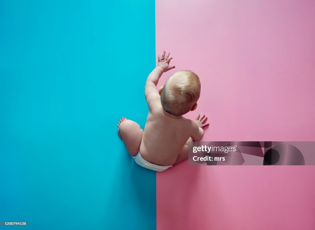 Baby on blue and pink background