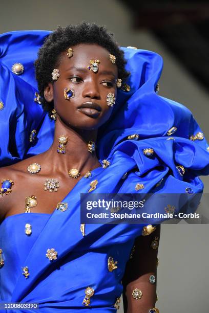 Model walks the runway during the Schiaparelli Haute Couture Spring/Summer 2020 show as part of Paris Fashion Week on January 20, 2020 in Paris,...