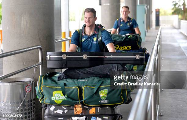 Steve Smith and Marnus Labuschagne arrive at the Brisbane International Airport on January 21, 2020 in Brisbane, Australia.