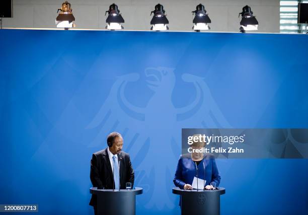 German Chancellor Angela Merkel meets Abdalla Hamdok, Prime Minister of Sudan, for a talk on February 14, 2020 in Berlin, Germany.