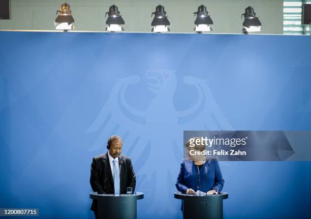 German Chancellor Angela Merkel meets Abdalla Hamdok, Prime Minister of Sudan, for a talk on February 14, 2020 in Berlin, Germany.