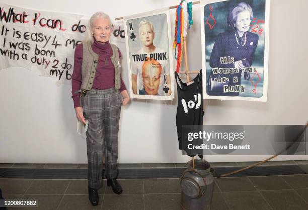 Dame Vivienne Westwood attends the Vivienne Westwood AW20/21 presentation and exhibition during London Fashion Week February 2020 at The Serpentine...