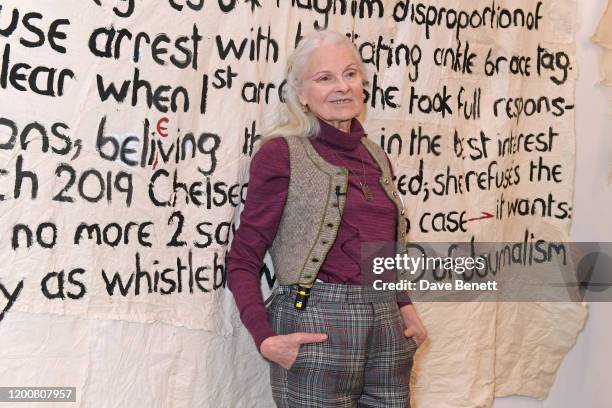Dame Vivienne Westwood attends the Vivienne Westwood AW20/21 presentation and exhibition during London Fashion Week February 2020 at The Serpentine...