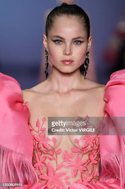Model walks the runway during the Georges Hobeika Haute Couture Spring/Summer 2020 fashion show as part of Paris Fashion Week on January 20, 2020 in...