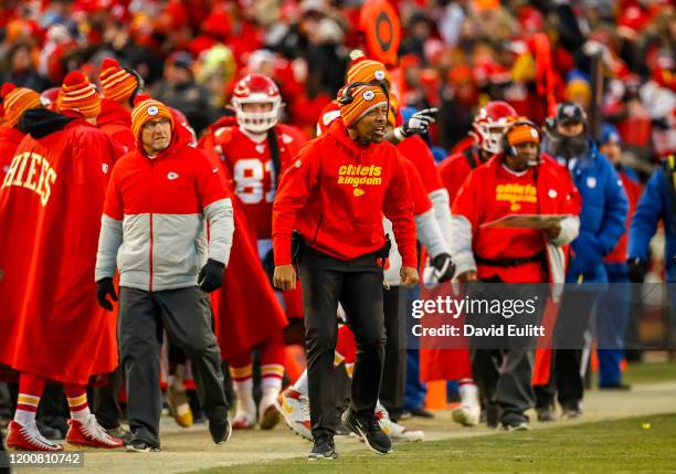 Kansas City Chiefs wide receivers coach Greg Lewis shouts during fourth quarter action in the AFC Championship game against the Tennessee Titans at...