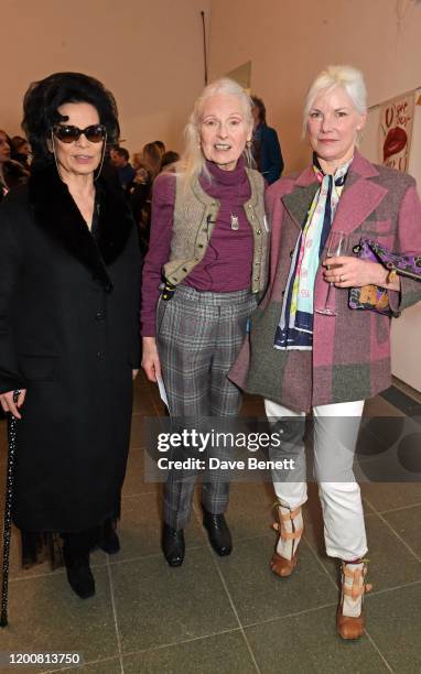 Bianca Jagger, Dame Vivienne Westwood and Sara Stockbridge attend the Vivienne Westwood AW20/21 presentation and exhibition during London Fashion...