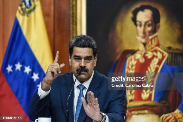 President of Venezuela Nicolas Maduro speaks during a press conference at Miraflores Palace on February 14, 2020 in Caracas, Venezuela.