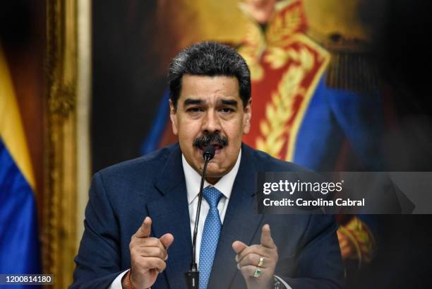 President of Venezuela Nicolas Maduro speaks during a press conference at Miraflores Palace on February 14, 2020 in Caracas, Venezuela.