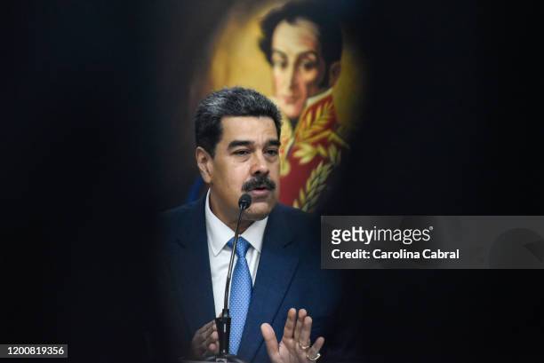 President of Venezuela Nicolas Maduro speaks during a press conference at Miraflores Palace on February 14, 2020 in Caracas, Venezuela.