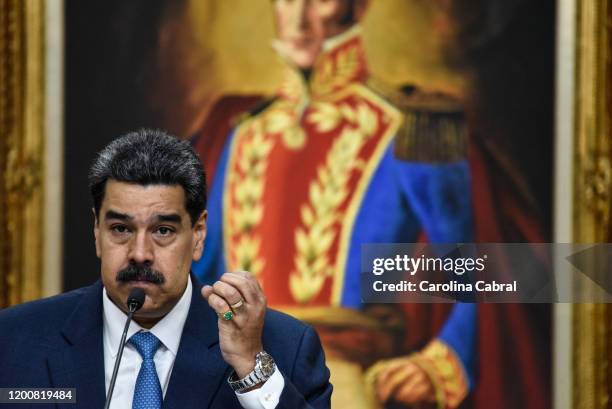 President of Venezuela Nicolas Maduro speaks during a press conference at Miraflores Palace on February 14, 2020 in Caracas, Venezuela.