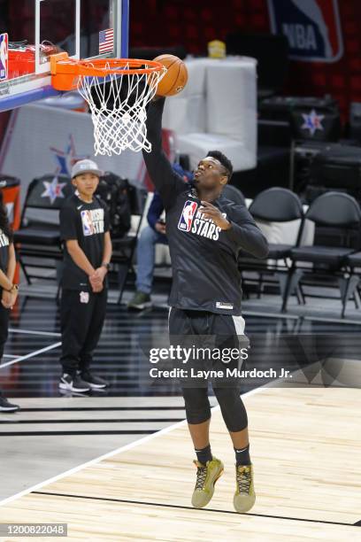 Zion Williamson of the New Orleans Pelicans drives to the basket during Rising Stars Media Availability and Practice as part of 2020 NBA All-Star...
