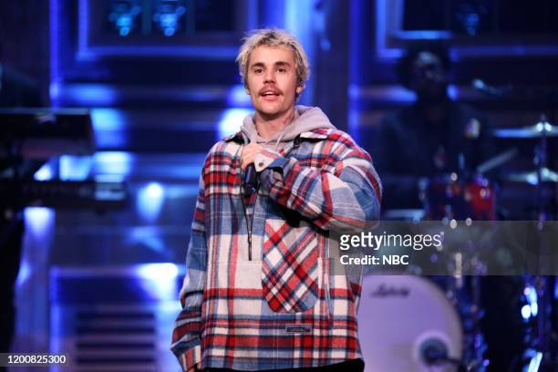 Episode 1210 -- Pictured: Musical guest Justin Bieber featuring Quavo performs on February 14, 2020 --
