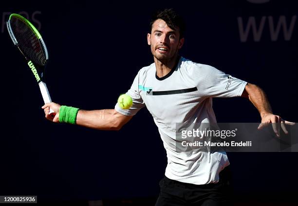 Juan Ignacio Londero of Argentina hits a forehand during his Men's Singles match against Guido Pella of Argentina during day 5 of ATP Buenos Aires...