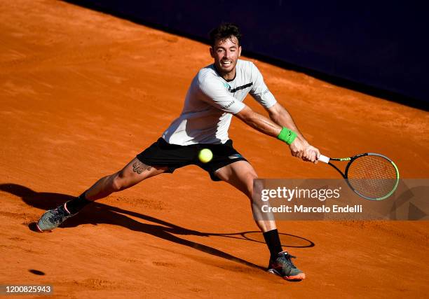 Juan Ignacio Londero of Argentina hits a backhand during his Men's Singles match against Guido Pella of Argentina during day 5 of ATP Buenos Aires...