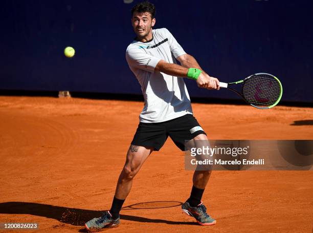 Juan Ignacio Londero of Argentina hits a backhand during his Men's Singles match against Guido Pella of Argentina during day 5 of ATP Buenos Aires...