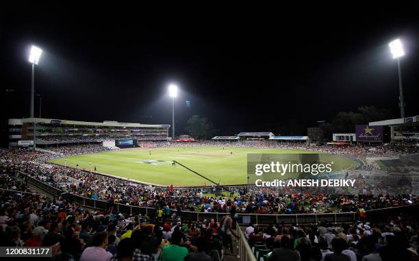 This picture shows a general view of the stadium during the second Twenty20 international cricket match between South Africa and England at the...