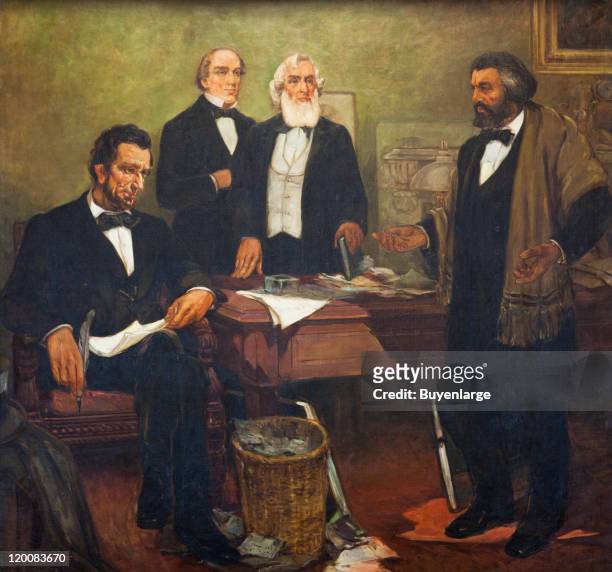 Close-up of a mural, entitled 'Douglass Appealing to President Lincoln', by William Edouard Scott which depicts Frederick Douglass as he petitions...