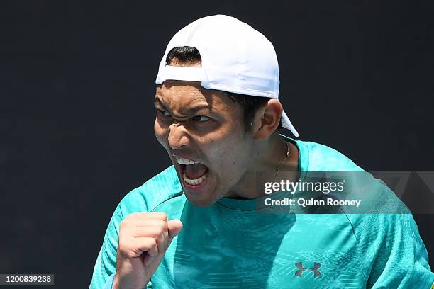 Tatsuma Ito of Japan celebrates after winning a point during his Men's Singles first round match against Prajnesh Gunneswaran of India on day two of...