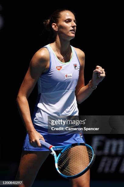 Karolina Pliskova of Czech Republic celebrates after winning match point during her Women's Singles first round match against Kristina Mladenovic of...
